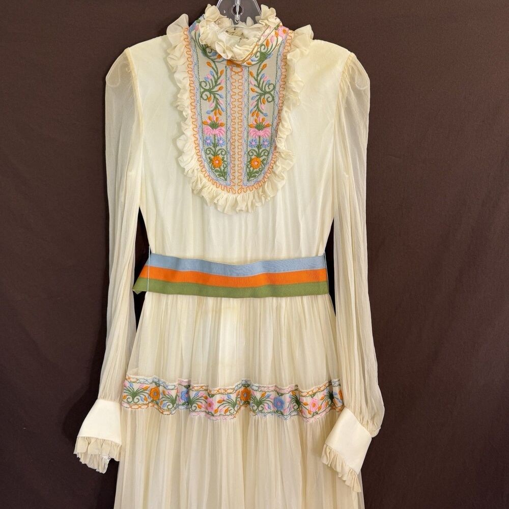 Vintage Prairie Maxi Dress S Embroidered Floral Sheer Sleeves Boho Cottagecore - Picture 12 of 13